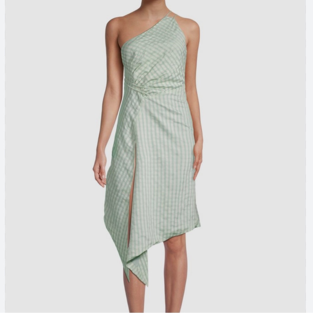 NWT CAARA Green plaid assemetric green sun dress size large one shoulder halter